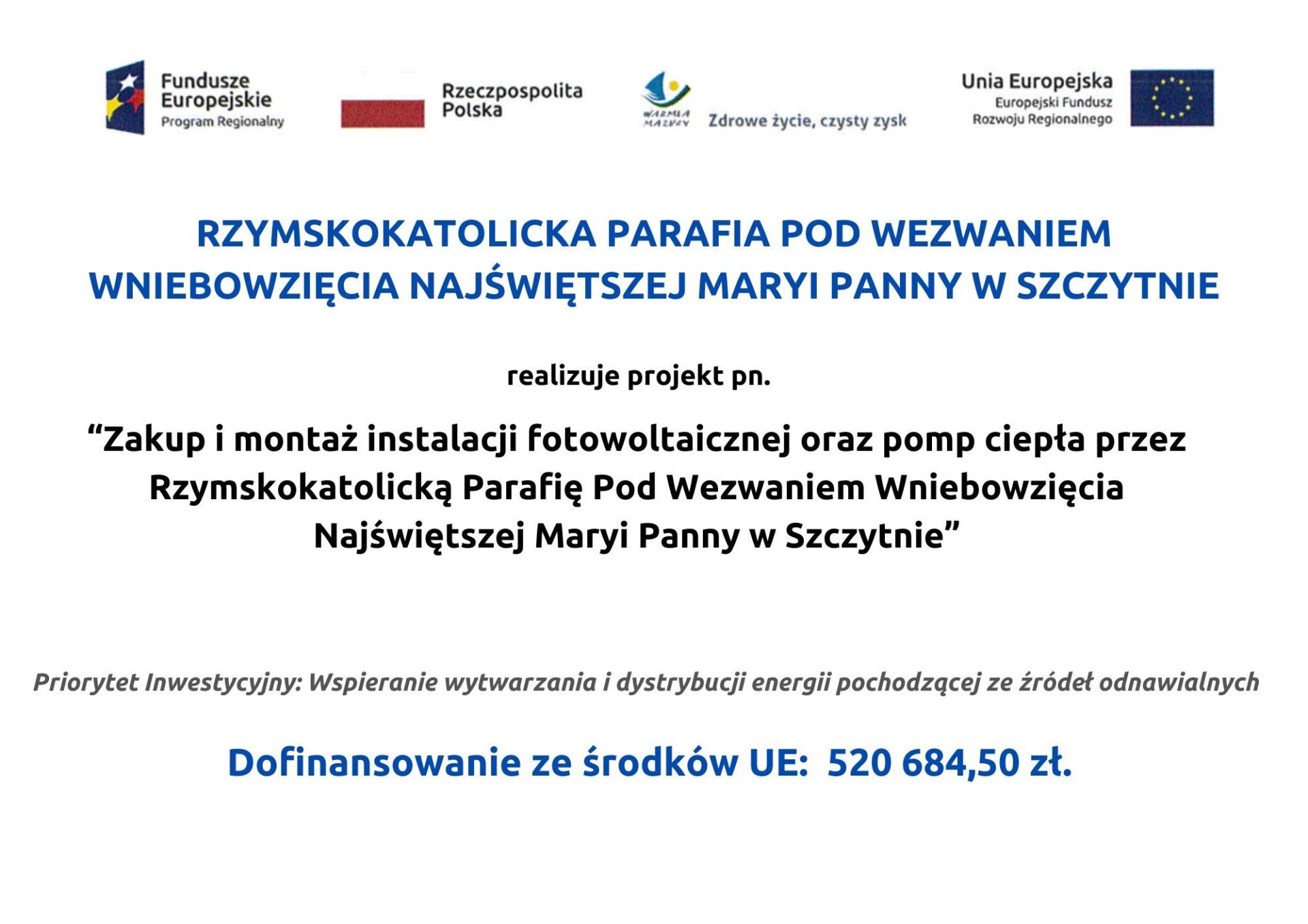 Dofinansowania z Unii Europejskiej dla Parafii na zakup i montaż instalacji fotowoltaicznej i pomp ciepła